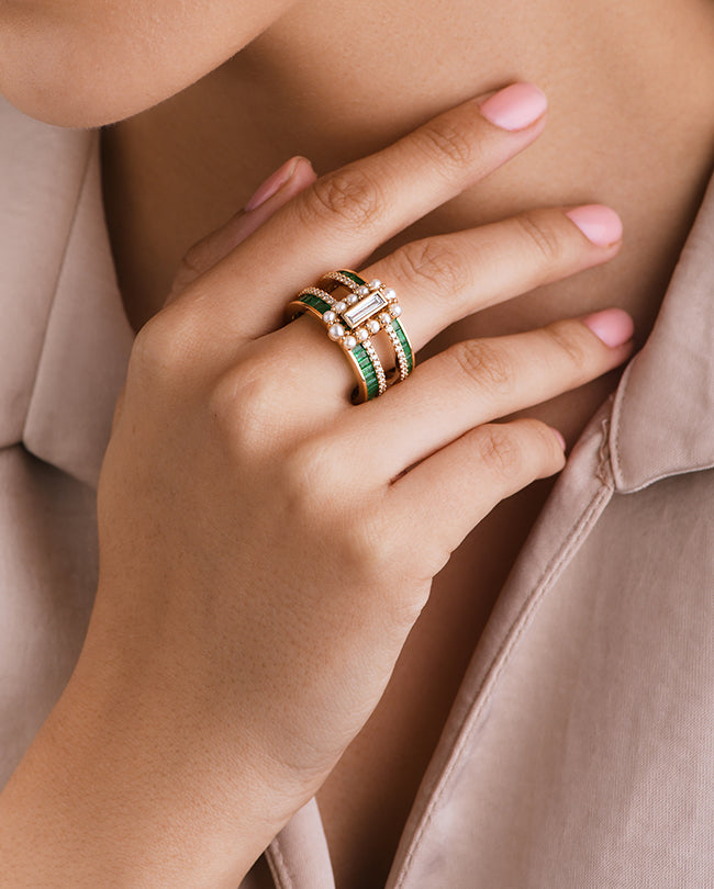 Pearl,Diamond and Emerald ring